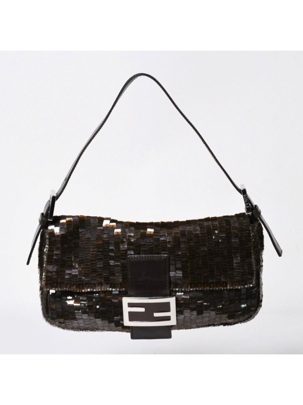 Fendi Mamma Bucket Bag Sequin Leather Brown Silver
